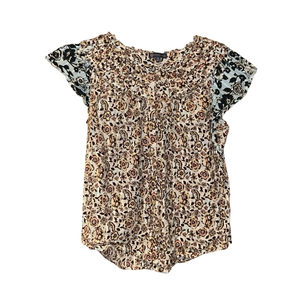 Democracy Womens Floral Blouse‎ Smocked Cap Sleeve Top Medium Flowy Boho Cottage